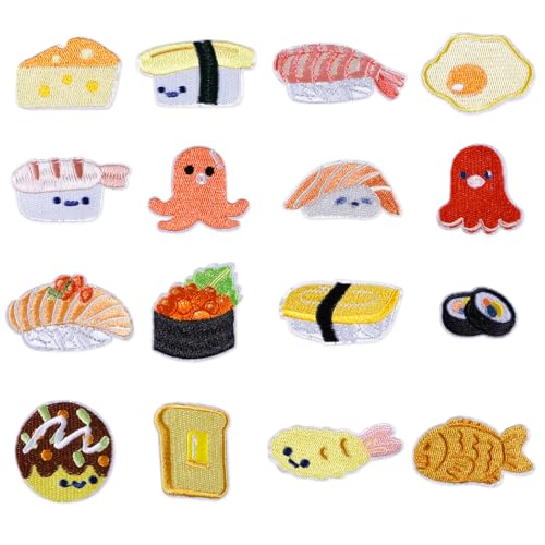 Sushi Nigiri Inari Aufnäher zum Aufbügeln, bestickte Reparaturflicken für Lebensmittel, Sashimi-Design, Chirashi-Applikation für Taschen, Hüte, DIY, Kleidung, Reparatur, 17 Stück von Zxvskr