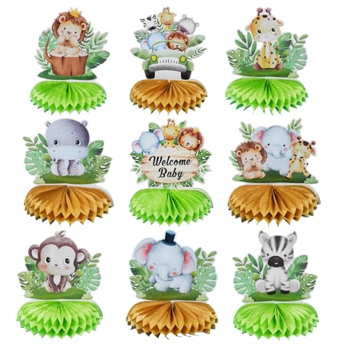 Zythem 9 Stück Dschungel Tiere Waben Centerpieces Kindergeburtstag Safari Tiere Thema Party Kinder Baby Dschungel-Party-Dekorationen Tischdekoration von Zythrem