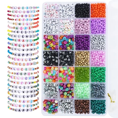 Zythrem 4mm Perlen für Armbänder,24 Bunte Perlen Zum Auffädeln Set Selber Machen Perlen Buchstaben Perlen für Armbänder,Perlen zum Auffädeln für DIY-Armband-Bastelset, Partys, Feiertage von Zythrem