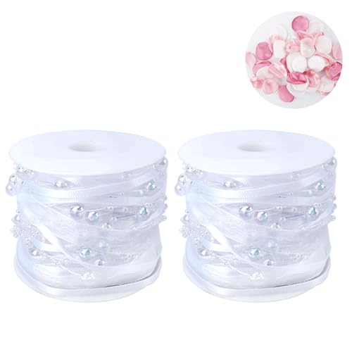 Zythrem Geschenkband 2 Perlenband 14 m Organza Weiß Chiffonband für Gastgeschenke Band für Geburtstagsfeiern Borte Organza Satinband + 50 Accessoires für Blütenblätter von Zythrem