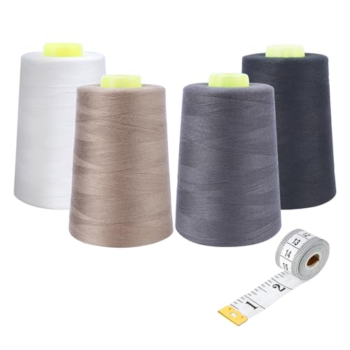 Zythrem Overlock-Nähmaschinen-Polystergarn, Overlockgarn, 40S/2, 4 x 5000 Yard Kegel zum Nähen, Quilten, Teilen, Stichen, Overlockgarn und Overlock, 100% Polyester-Material, Weiß Schwarz Beige Grau von Zythrem