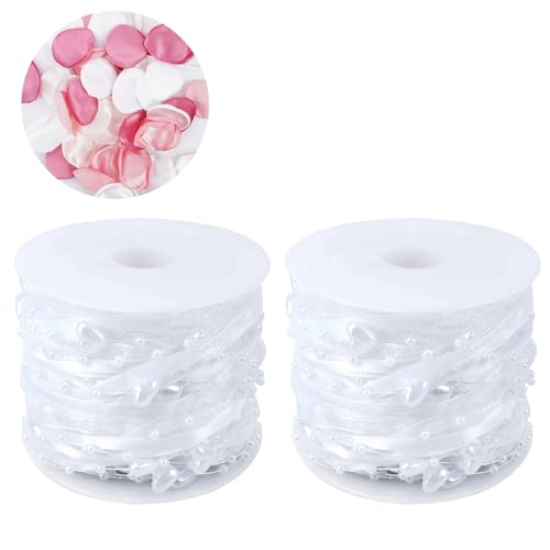 Zythrem 2 Stück 14M Weiß Perlenband Chiffon-Band Perlengirlande Geschenkband mit Perlen Brautstrauß Organzaband für Hochzeit DIY Dekoration+Rote Blütenblätter von Zythrem