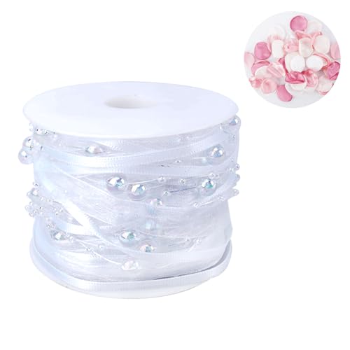 Zythrem Weiß Perlenband 1 Rolle 14M Spitzenband Creme Perlengirlande Brautstrauß Perlenschnur Geschenkband Hochzeit Transparentes Spitzenborte Kit mit 50 Blütenblätter Zubehör von Zythrem