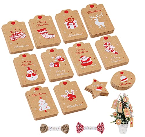 absolove 120 Stück Geschenkanhänger Weihnachten, 12 Designs Anhänger Zum Beschriften, DIY Etiketten Weihnachtskärtchen Kraftpapier mit Juteschnur und Seil für Weihnachten, Partys, Hochzeiten von absolove