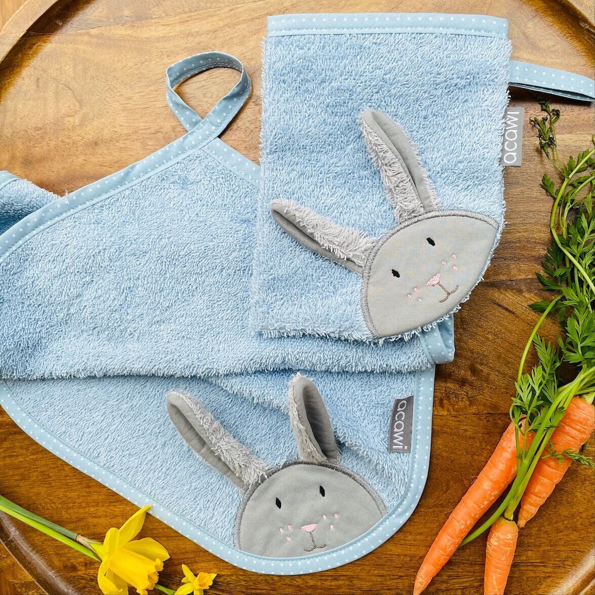 Hase Set Handtuch + Waschhandschuh Personalisierbar/Blau von acawi