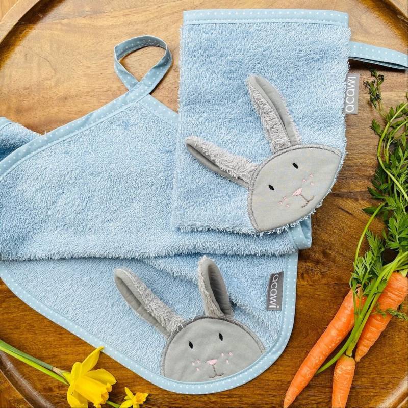 Hase Set Handtuch + Waschhandschuh Personalisierbar/Blau von acawi