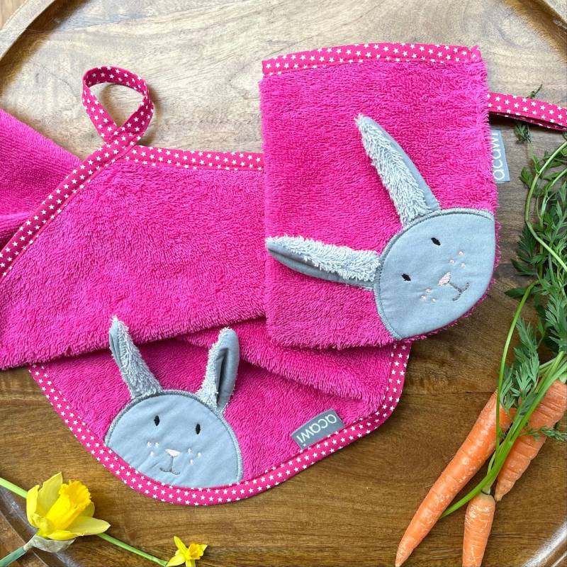 Hase Sethandtuch + Waschhandschuh Personalisierbar/Pink von acawi