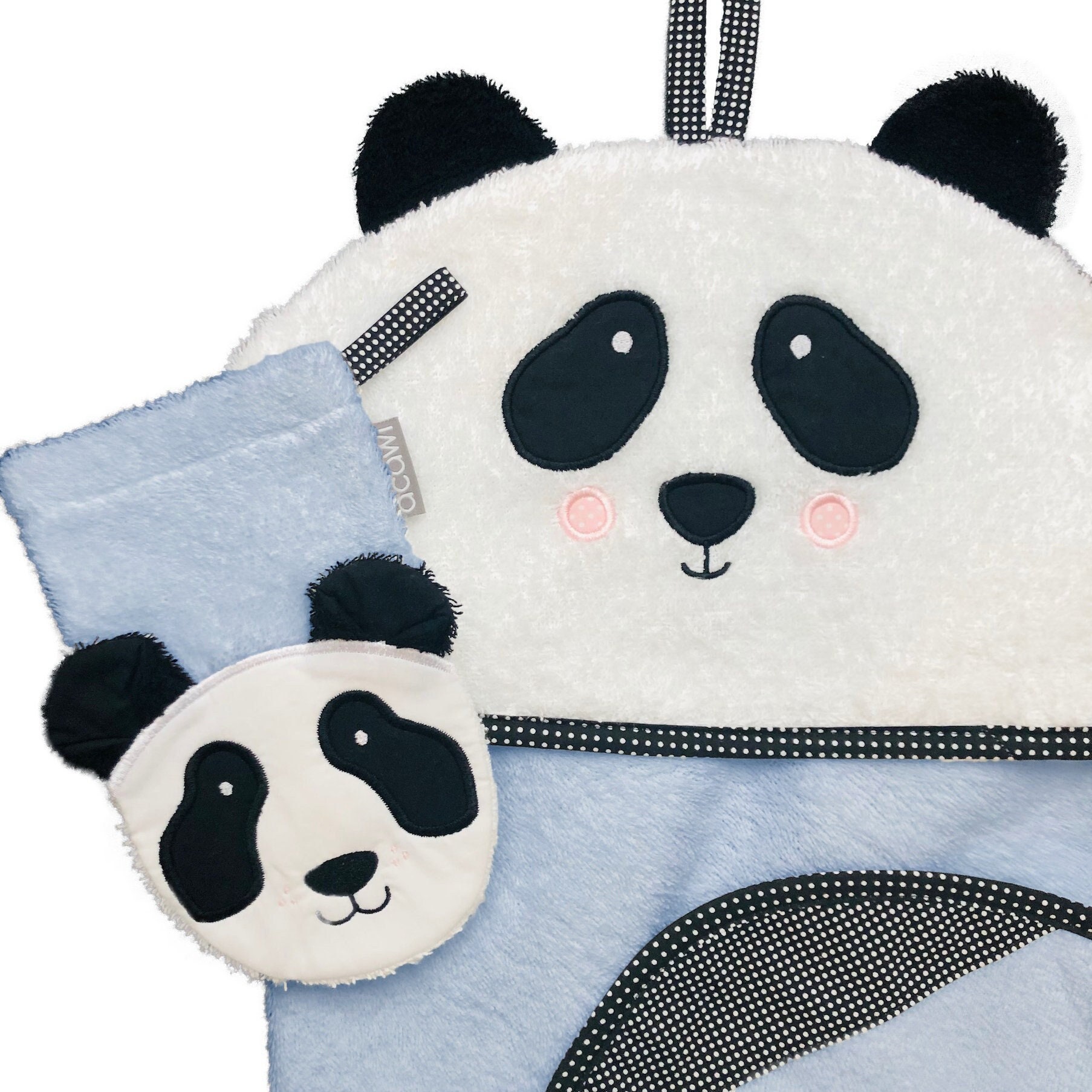 Panda Blau - Set Kapuzenbadetuch & Wasch- Spielhandschuh Wahlweise Mit Eingesticktem Namen von acawi