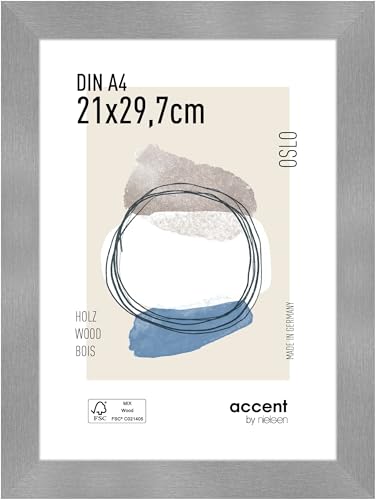 accent by nielsen Bilderrahmen, 21 x 29,7 cm (A4), Holz, Silber, Dokumentenrahmen zum Aufhängen im Hoch- & Querformat, Echtglas, Oslo von accent by nielsen