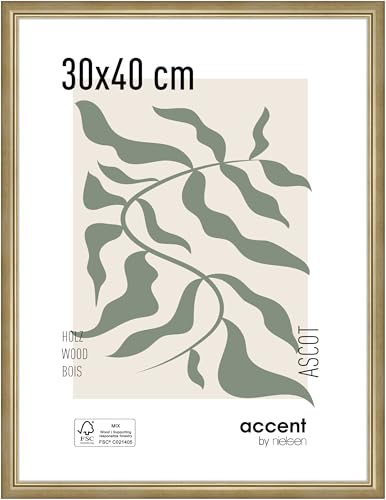 accent by nielsen Bilderrahmen, 30 x 40 cm, Holz, Gold, Fotorahmen zum Aufhängen im Hoch- & Querformat, Echtglas, Ascot von accent by nielsen