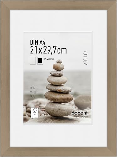 accent by nielsen Bilderrahmen mit Passepartout, 21 x 29,7 cm (A4), Holz, Silber, Dokumentenrahmen zum Aufhängen im Hoch- & Querformat, Echtglas, Apollon von accent by nielsen