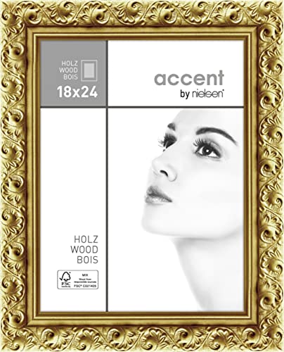 accent by nielsen Bilderrahmen, 18 x 24 cm, Holz, Gold, Fotorahmen zum Auftstellen und Aufhängen im Hoch- & Querformat, Echtglas, Arabesque von accent by nielsen