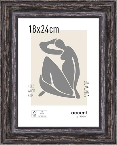 accent by nielsen Bilderrahmen, 18 x 24 cm, Holz, Schwarz, Fotorahmen zum Auftstellen und Aufhängen im Hoch- & Querformat, Echtglas, Vintage von accent by nielsen