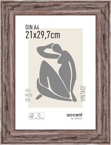 accent by nielsen Bilderrahmen, 21 x 29,7 cm (A4), Holz, Braun, Dokumentenrahmen zum Aufhängen im Hoch- & Querformat, Echtglas, Vintage von accent by nielsen