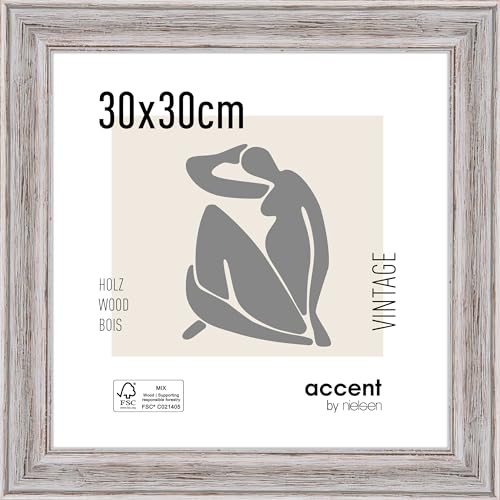 accent by nielsen Bilderrahmen, 30 x 30 cm, Holz, Weiß, Rahmen zum Aufhängen im Hoch- & Querformat, Echtglas, Vintage von accent by nielsen