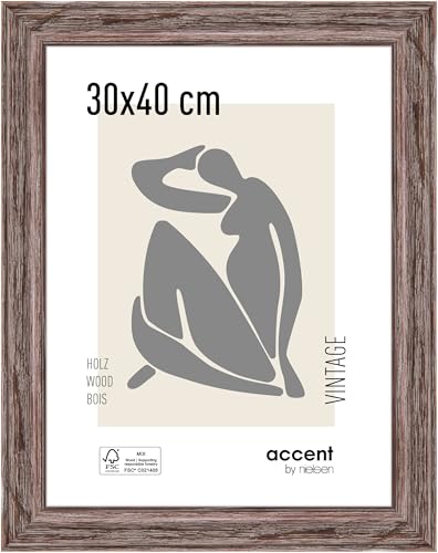 accent by nielsen Bilderrahmen, 30 x 40 cm, Holz, Braun, Fotorahmen zum Aufhängen im Hoch- & Querformat, Echtglas, Vintage von accent by nielsen