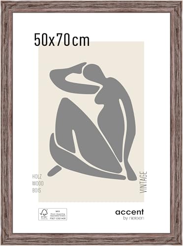 accent by nielsen Bilderrahmen, 50 x 70 cm, Holz, Braun, Posterrahmen zum Aufhängen im Hoch- & Querformat, Echtglas, Vintage von accent by nielsen