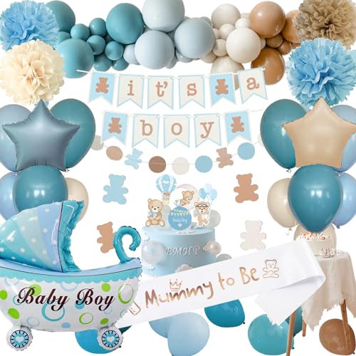 Babyparty Deko Junge, Baby Shower Deko Junge, Blau Braun Baby Party Dekoration, Baby Deko, Its a Boy Deko, Boy or Girl Deko, Babyparty Ballon Girlande für Gender Reveal Deko von adaziau