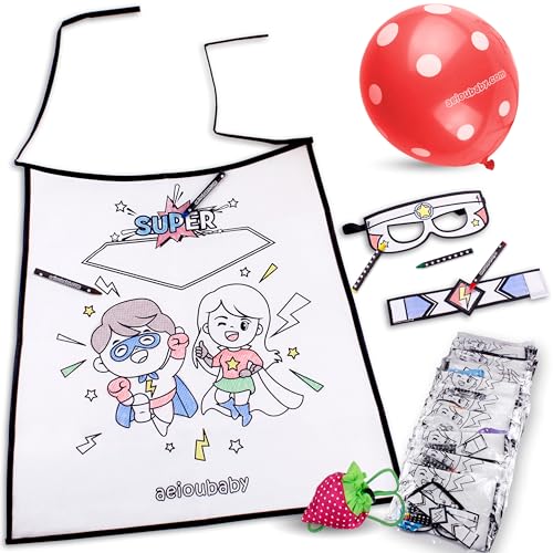 FÄRBBARES SUPERHELDEN-SET 10 Einzelpackungen mit Umhang, Maske, Armband, 5 Farbwachsmalstiften und Ballon | DIY Non-Woven Kit für Kinder | Kreatives Geschenk für Kindergeburtstage und Kinderpartys von aeioubaby.com