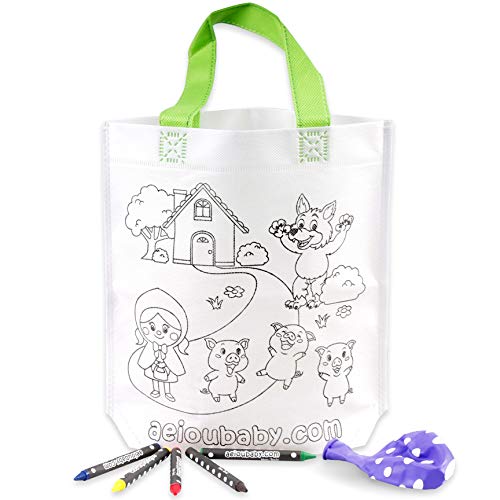 aeioubaby.com 10 Tasche zum Ausmalen | 10 einzelne Taschen mit 5 bunten Wachsmalstiften und Luftballon | Geschenk Kinder auf Festen und Geburtstagen (Märchen) von aeioubaby.com