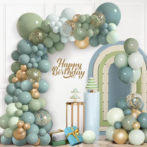 Staubblaue grüne Ballongirlande Bogen Kit, Haze Fog Blue Green Ash Mist Sage Green Gold Confetti Ballons für Dschungel Safari Neutral Baby Dusche Hochzeit Braut Geburtstag Party Backdrop Dekorationen von af-tigonhw