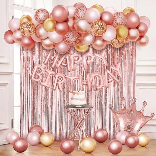 Rose Gold Geburtstag Party Dekorationen für Frauen Mädchen, Rose Gold Champagner Flasche Kelch Krone Folie Ballons mit Fransen Vorhang Happy Birthday Banner für 30. 40. Geburtstag Zubehör Dekor von af-tigonhw