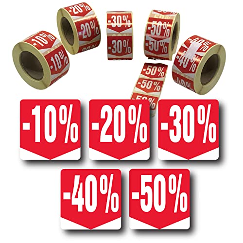 Affichesstore 30201 Aufkleber, 5 Rollen mit je 500 Etiketten, selbstklebend, 10%-20%-30%-40%-50% von affichesstore