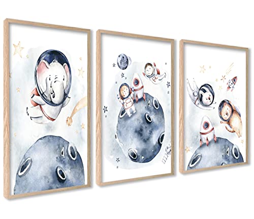 ag.art deco 3er Kinderzimmer Poster | 3 Stück A4 21x30cm | Wanddeko Elefant und Hase elefant und hase im Weltraum | Mädchen und Junge Bilderset | ohne Rahmen von ag.art deco