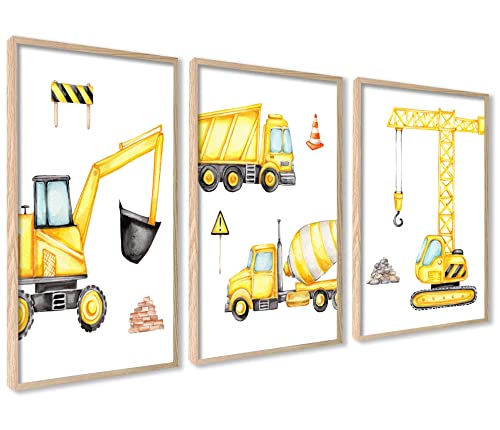 ag.art deco 3er Kinderzimmer Poster Set | 3 Stück 40x50cm Mit RAHMEN HOLZ | Gelb Kran Bagger Wagen Betonmischer Baustelle | Mädchen und Junge Bilderset von ag.art deco