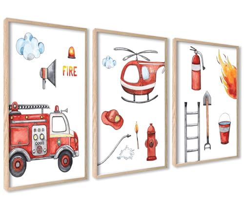 ag.art deco 3er Kinderzimmer Poster Set | 3 Stück A3 30x40cm | Feuerwehr Feuerwehrauto Feuer Feuerwehrmann | Mädchen und Junge Bilderset | ohne Rahmen von ag.art deco