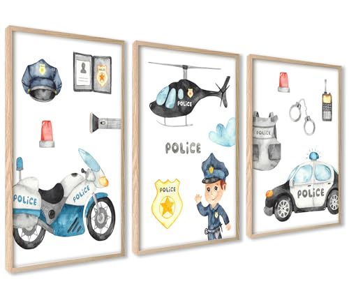 ag.art deco Kinder Poster Set Polizei | 3 Stück 50x70cm | Hubschrauber Polizeiauto Polizeimotorrad Polizist | Mädchen und Junge Bilderset | ohne Rahmen von ag.art deco