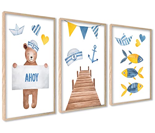 ag.art deco Kinderposter 3er Set | 3 Stück 40x40cm | Nautische Poster für Kinder Teddybär Fisch Anker | Bilder Kinderzimmer Wanddeko | ohne Rahmen von ag.art deco