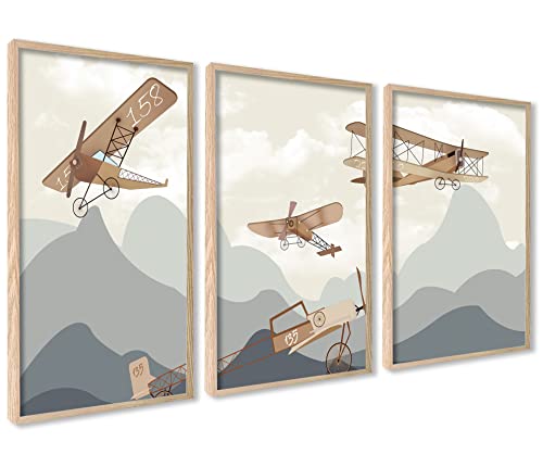 ag.art deco Kinderposter 3er Set | 3 Stück DIN A4 (21x30cm) | Flugzeug auf den Bergen Poster für Kinder | Bilder Kinderzimmer Babyzimmer Wanddeko | ohne Rahmen von ag.art deco