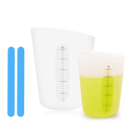 2 Stück Messbecher aus Silikon, 500ml/250ml Silikon Messbecher für Harz, mit 2 Stück Silikon Rührstab Epoxidharz Mischbecher mit Skala, Silicone Measuring Cups von aghoer