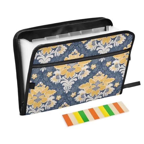 Carnation Lace Senfgelb und Jeansblau Fächermappe 13 Taschen A4 Briefgröße Papier Organizer Ordner mit Reißverschluss, große Aktenordner für Klassenzimmer, Zuhause, Büro, Reisen von aidingzhi