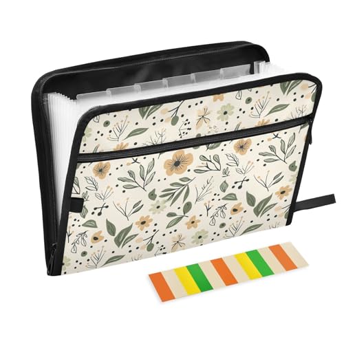 Erweiterbarer Ordner mit Blumenmuster in Olivgrün und Sand, 13 Fächer, A4, Briefform, Organizer mit Taschen mit Taschen für Schule, Zuhause, Büro, Klassenzimmer von aidingzhi