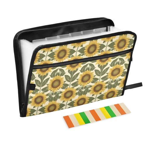 Fächermappe, Sonnenblumen-Olivgrün und Sand, erweiterbar, 13 Fächer, A4, Briefform, Organizer mit Taschen mit Reißverschluss, erweiterbarer Aktenordner für Business von aidingzhi