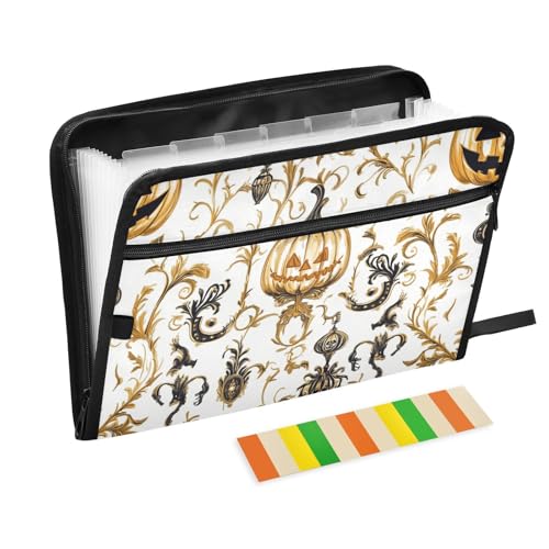 Orange Halloween Evil Pumpkin Erweiterbare Hängemappe 13 Taschen A4 Briefform Büroordner mit Reißverschluss Aktenordner mit Taschen für Büro Schule von aidingzhi