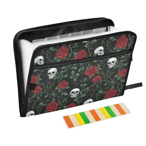 Romantische Dokumentenmappe mit rotem Rosen-Totenkopf, erweiterbar, 13 Taschen, A4, Briefgröße, Akkordeon-Aktenordner mit Reißverschluss, Papier-Fächermappe für Schule, Zuhause, Büro, Klassenzimmer von aidingzhi