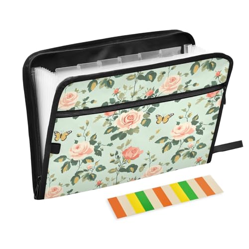 Schnellhefter in Pastellgrün, Pfirsichblumen, erweiterbar, 13 Taschen, A4, Briefformat, mit Taschen mit Reißverschluss, Fächermappe für Klassenzimmer, Zuhause, Büro, Reisen von aidingzhi