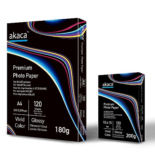 akaca Fotopapier Glänzend 180 g/m², Premium Glossy Photo Paper, Photopapier für alle Tintenstrahldrucker (180g A4 | 120 Blatt + 200g 10x15 | 120 Blatt) von akaca