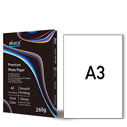 akaca Fotopapier Glänzend A3 (297 x 420 mm), 40 Blatt, 260 g/m², Premium Glossy Photo Paper, Photopapier für alle Tintenstrahldrucker von akaca