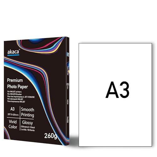 akaca Fotopapier A3 Glänzend A3 (297 x 420 mm), 20 Blatt, 260 g/m², Premium Glossy Photo Paper, Photopapier für alle Tintenstrahldrucker von akaca