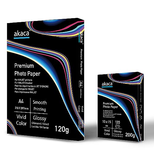 akaca Glänzendes Fotopapier Premium Glossy Photo Paper (120g A4 | 120 Blatt + 200g 10x15 | 120 Blatt) für alle Tintenstrahldrucker von akaca