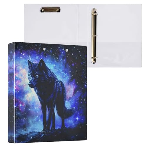 ALAZA 3-Ringbuch mit Klemmbrettern, 3,8 cm runde Ringe, leicht zu organisieren, 2,5 cm Ordner, passend für Papier in Briefgröße, Wolf Galaxy, großes 3-Loch für Schule, Büro, Arbeitsbedarf von alaza