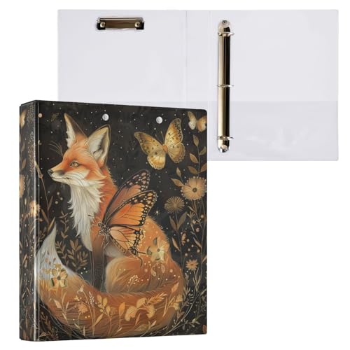 ALAZA Beautiful Fox Butterfly 3-Ringbuch mit 3 Ringen, 3,8 cm, runder Ringordner mit Klemmbrett, runder Ringordner mit 3 transparenten Innentaschen für Heimbüroarbeit, 1 Stück von alaza