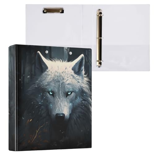 ALAZA Dunkelweißes Wolfstier, 3,8 cm, 3-Ringbuch mit Klemmbrett, runder Ringbuch, hält 200 Blatt, für Schule, Büro, Zuhause, 1 Packung von alaza