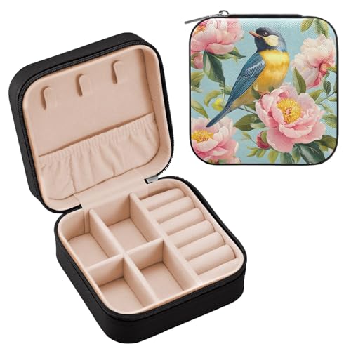 ALAZA Schmuckkästchen für Frauen und Mädchen, Vogel Pfingstrosen, Blumen, kleine Reise-Schmuckschatulle, tragbare Schmuckaufbewahrung, Aufbewahrungsbox, PU-Leder, für Ringe, Ohrringe, Halsketten, von alaza