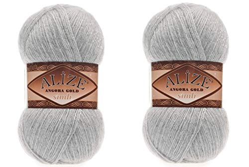 Alize Angora Gold Simli 5% Metallic, 20% Wolle, 75% Acryl, 2 Stück, 200 g, 1100 Yds Garn, Häkelspitze, Handstricken, türkisches Garn (21 Grau) von alize