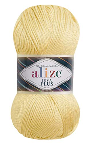 Alize Diva Plus Häkelgarn, 100 % Mikrofaser, Acryl, Seide und merzerisiert, 3 DK & leichtes Kammgarn, 4 Knäuel, 400 g, Farbe 509 – Lemonade von Alize